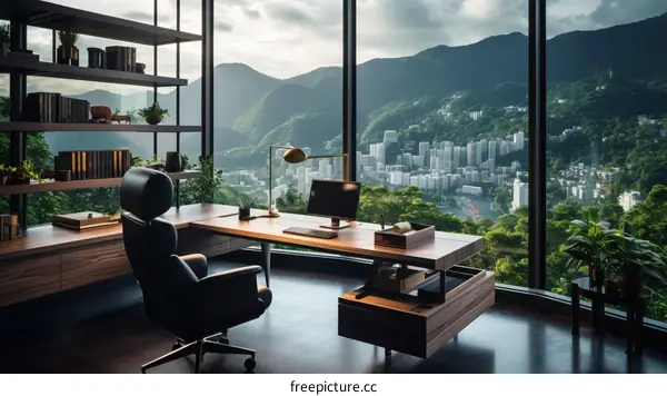 Modern home office with stunning city and mountain views