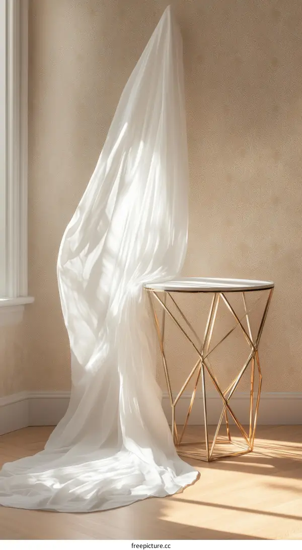 Elegant White Fabric Draped Over a Geometric Gold Table