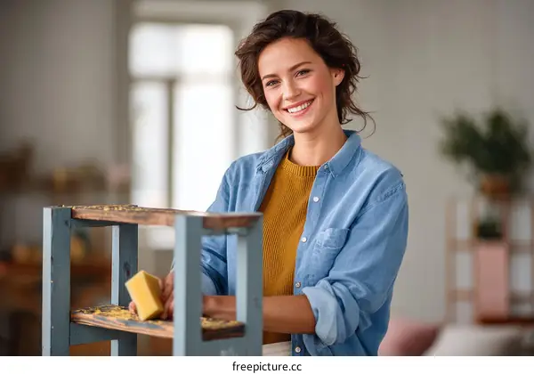 Woman Working on Wooden Shelves Home Improvement