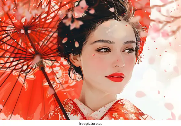 An Asian woman in a red kimono holding a red umbrella under cherry blossom trees.