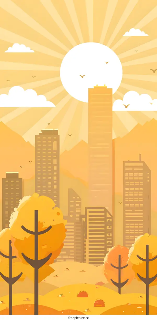 Autumn City Skyline with Sun Rays Illustration