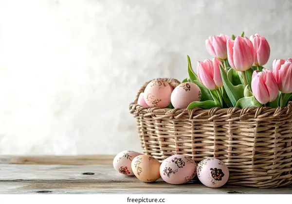 Easter Basket Decor with Pink Tulips and Eggs