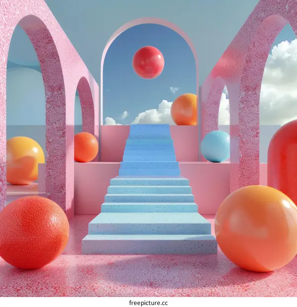 Pastel Geometric Architecture Scene with Floating Spheres