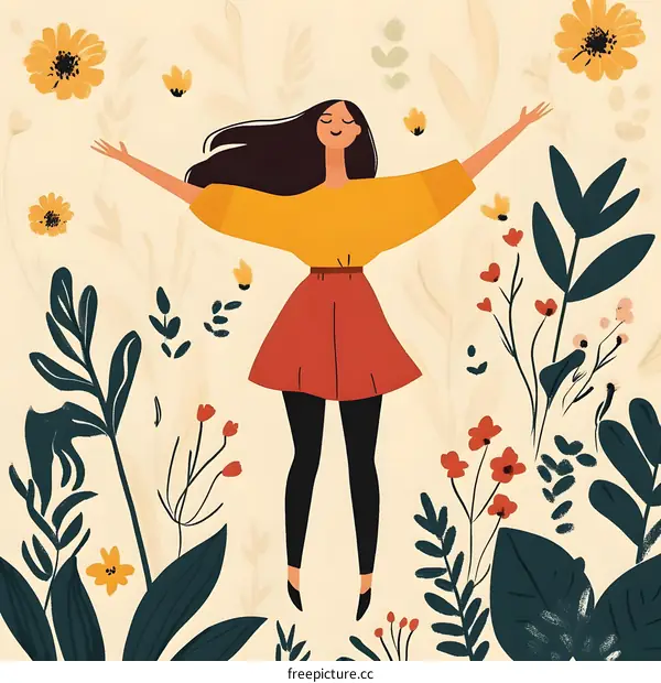 Woman Standing in Field of Flowers Illustration
