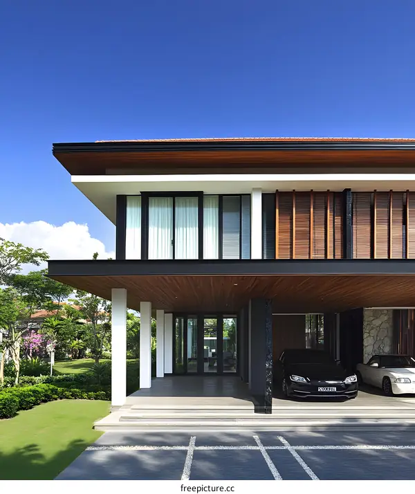 Modern Home Exterior with Wooden Facade and Garage