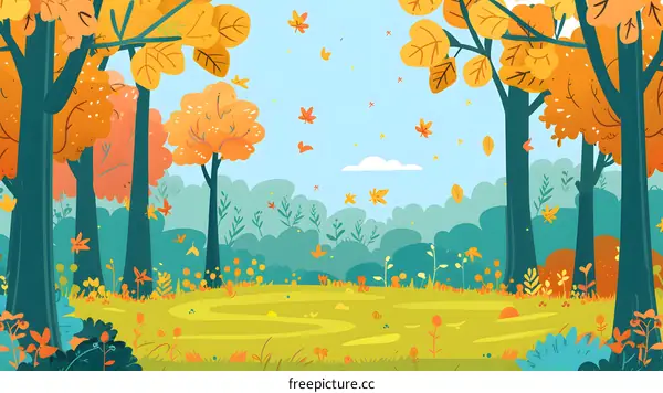 Autumn Forest Landscape Illustration With Trees And Falling Leaves