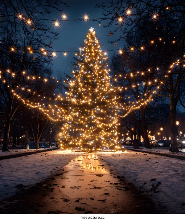 A beautiful Christmas tree lit up at night in a snowy park with a path leading up to it