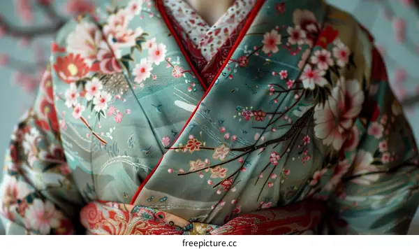 Close-up of a woman wearing a kimono with a floral pattern