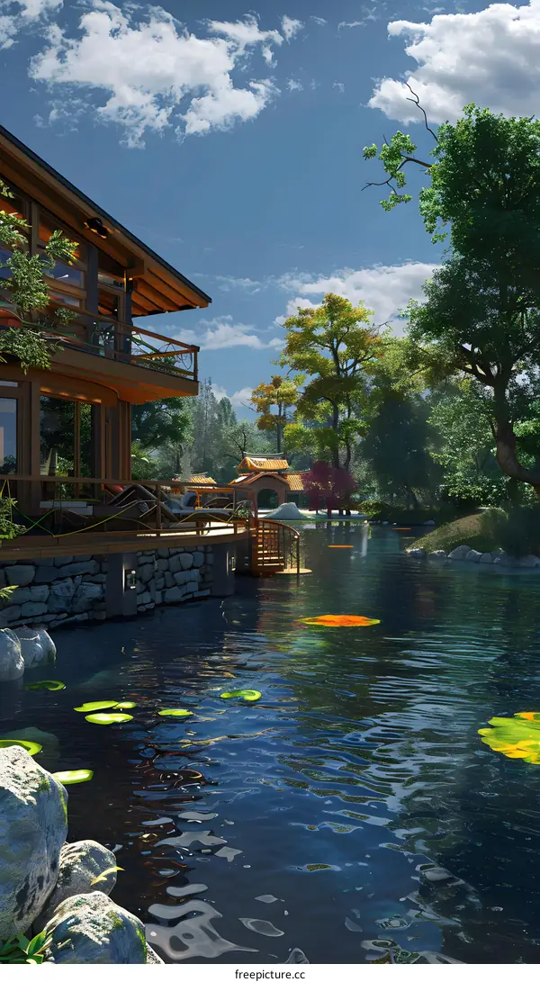 Tranquil Wooden House with Pond and Lush Greenery
