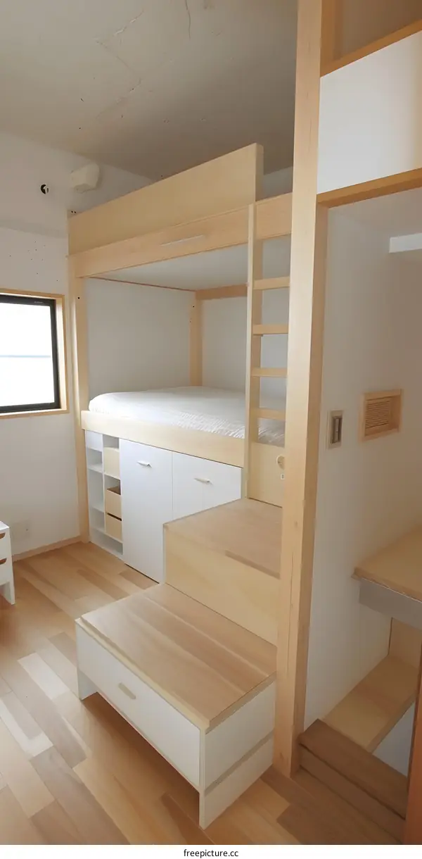 Modern Minimalist Loft Bedroom Interior Design with Wooden Bunk Bed and Storage