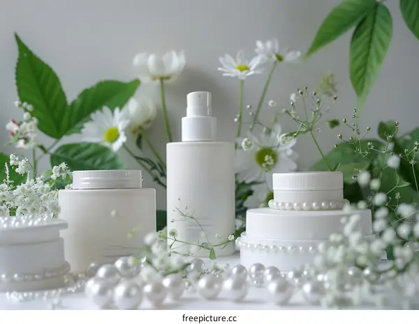 White cosmetic bottles with chamomile flowers and green leaves on white background
