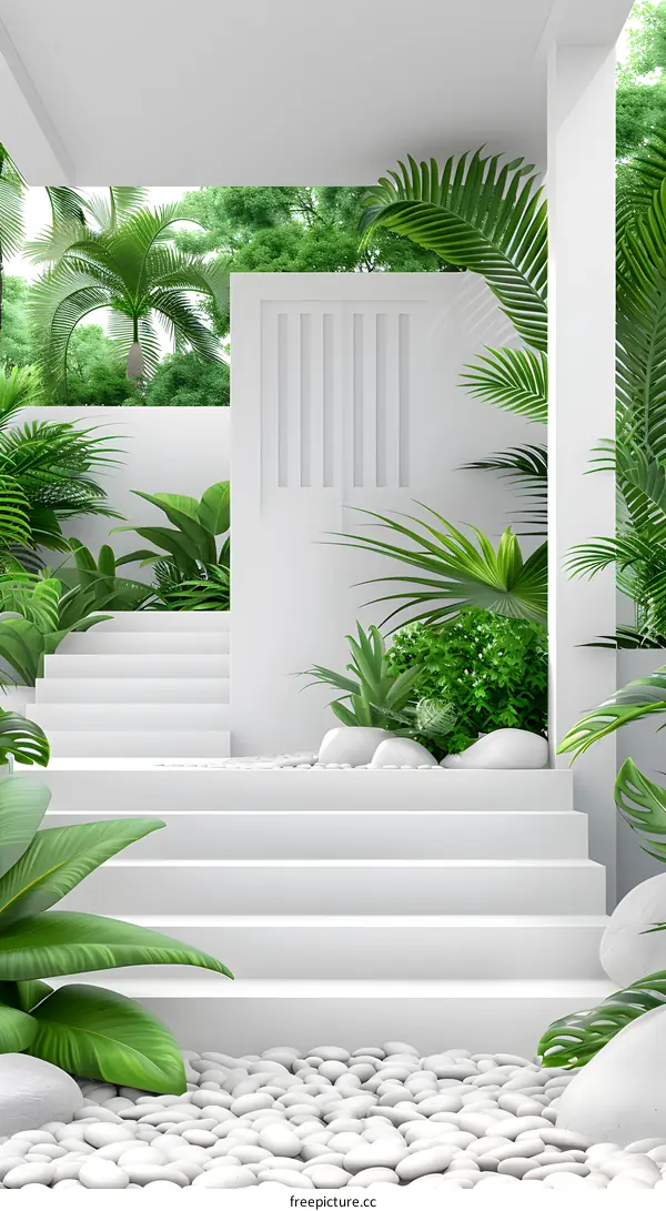 White Stairs and Green Plants Tropical Garden