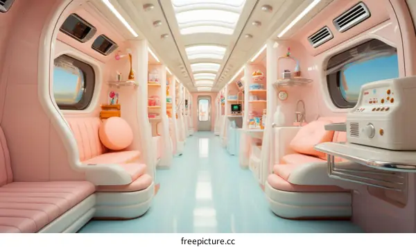 Retro Futuristic Train Interior with Pink and Blue Accents