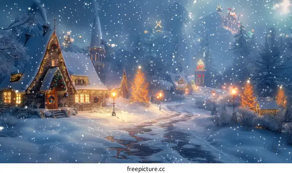 Snow-Covered Streets of a Christmas Village at Night