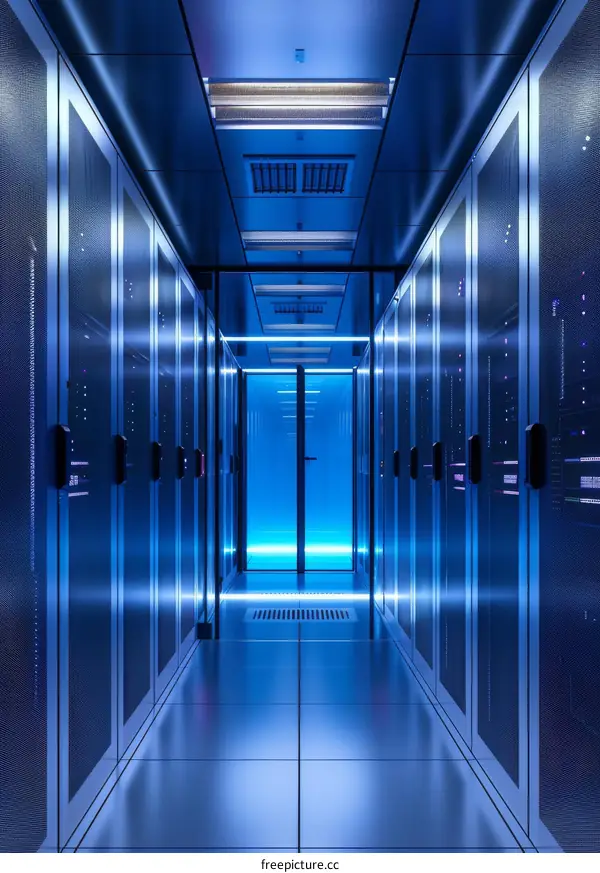 Blue futuristic server room with bright lights