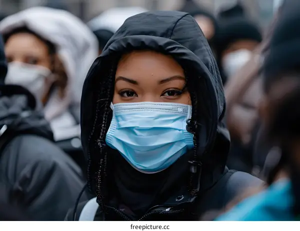 Close Up Portrait Of A Black Woman Wearing A Face Mask In A Crowd