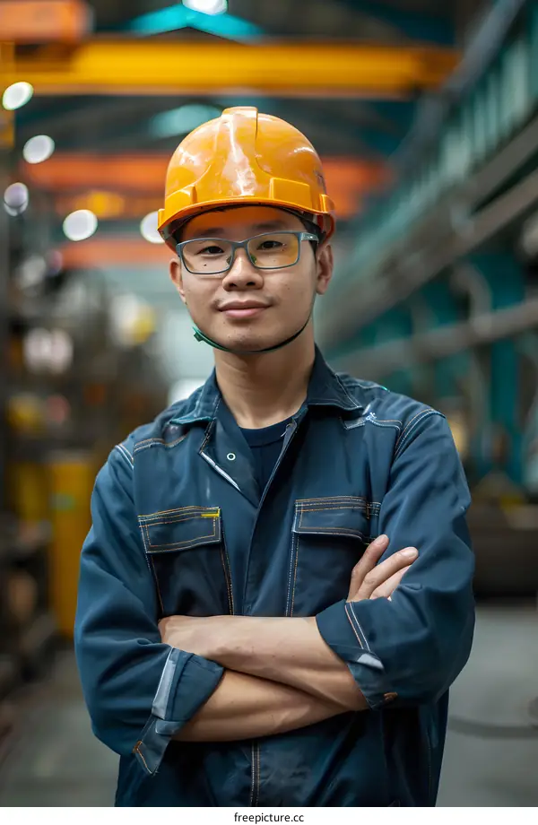 Portrait of a young Asian man wearing a hard hat and safety glasses in a factory