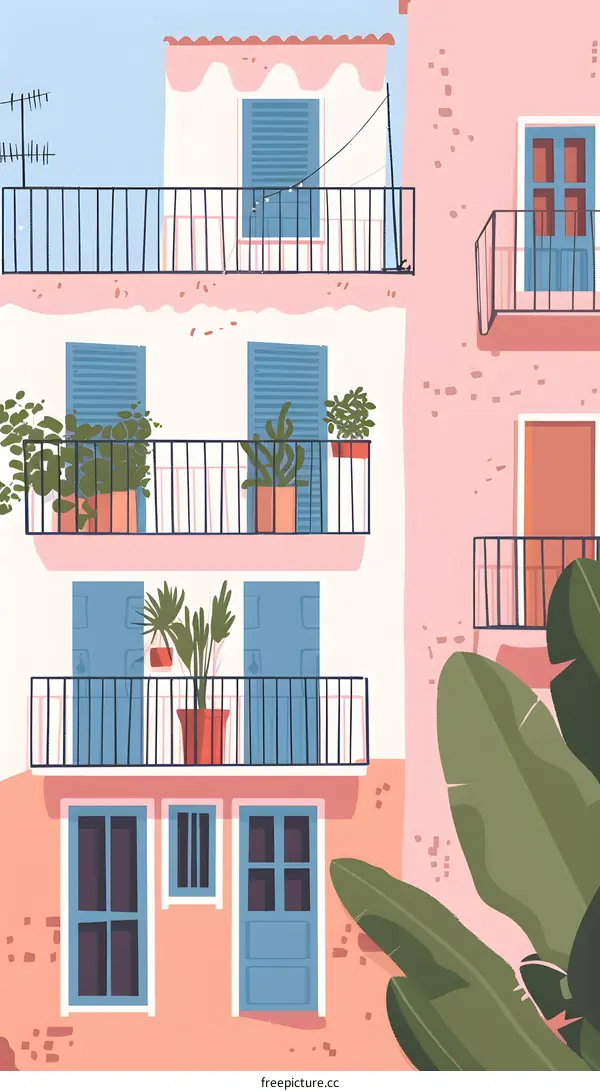 Mediterranean Style Building with Balcony and Plants