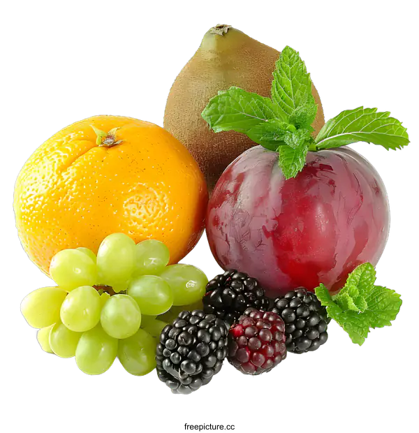 [Transparent Background PNG]Fresh Fruit Arrangement with Orange Grape Kiwi and Blackberry