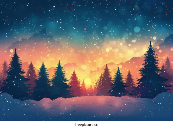 A serene winter forest with majestic pine trees, snow-covered ground, and a breathtaking sunset