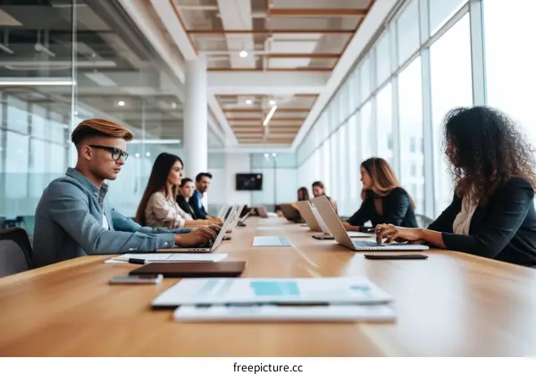 A group of people working together in an office