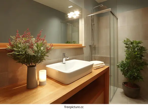 Modern Bathroom Interior Design with Wooden Countertop