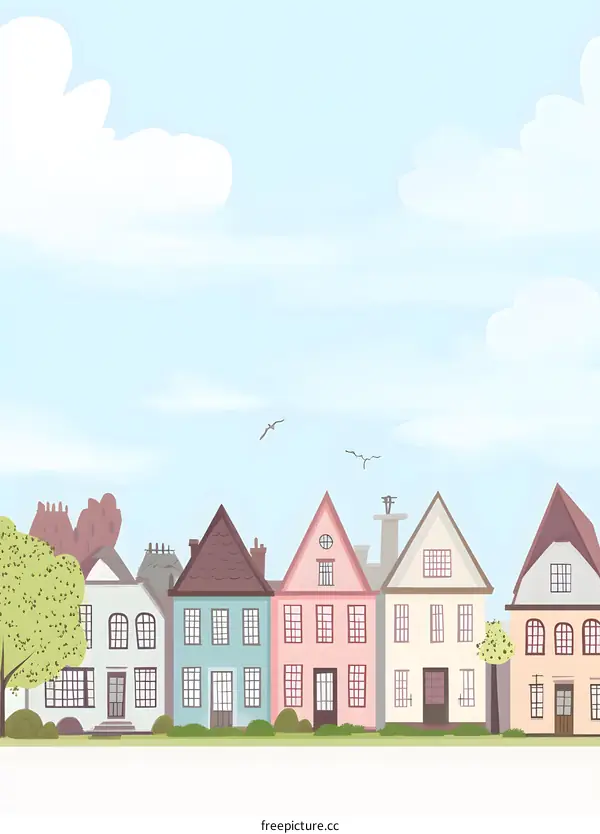 Colorful Houses Under Blue Sky With Clouds Illustration