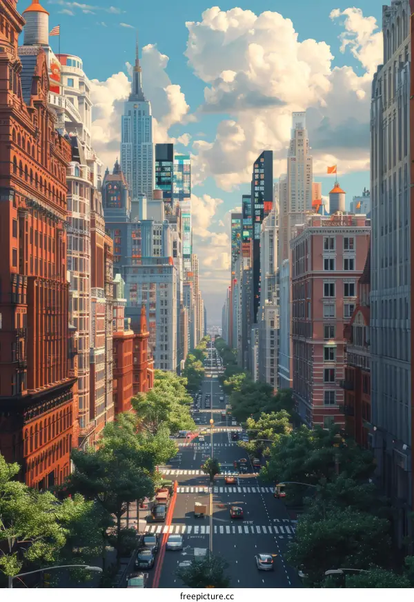 Cityscape Illustration of a Sunny Urban Street