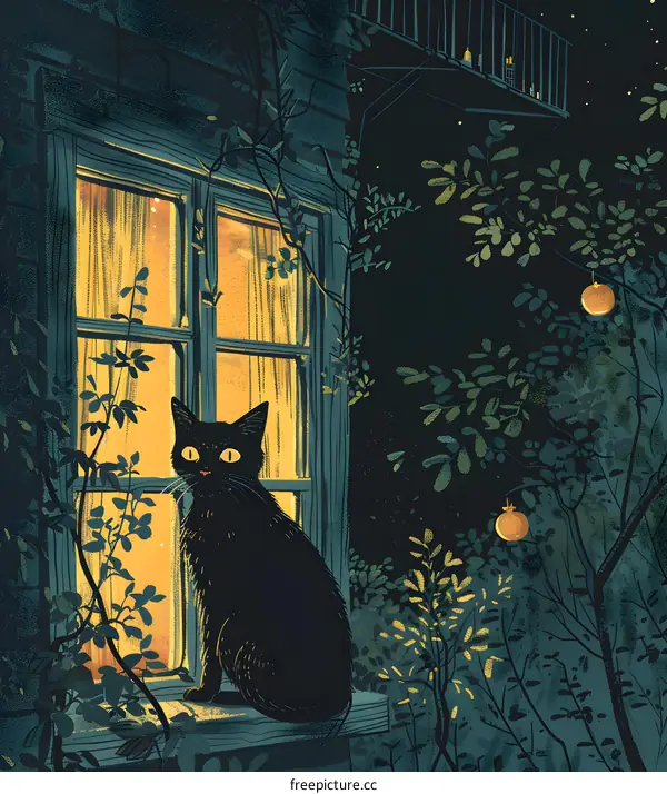 A black cat sitting on a windowsill, looking out at the night sky.