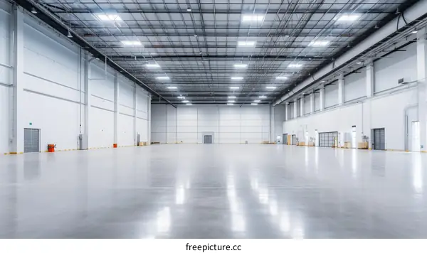 Large empty warehouse interior with concrete floor and bright led lighting