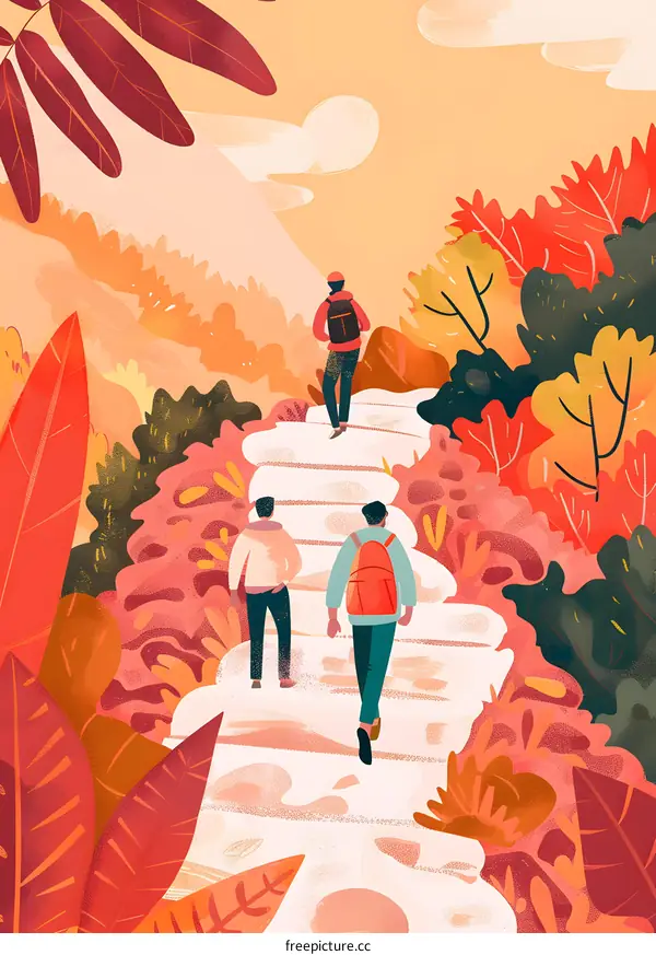 Three People Walking Up A Winding Path In Autumn