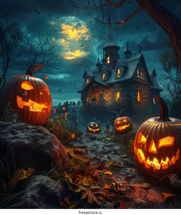 Spooky Pumpkin House under Moonlit Halloween Night