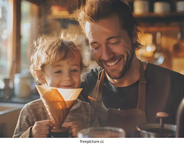 Father and son making coffee together