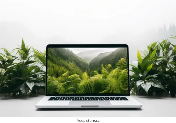 lush green plants and ferns in front of a laptop displaying a dense green forest