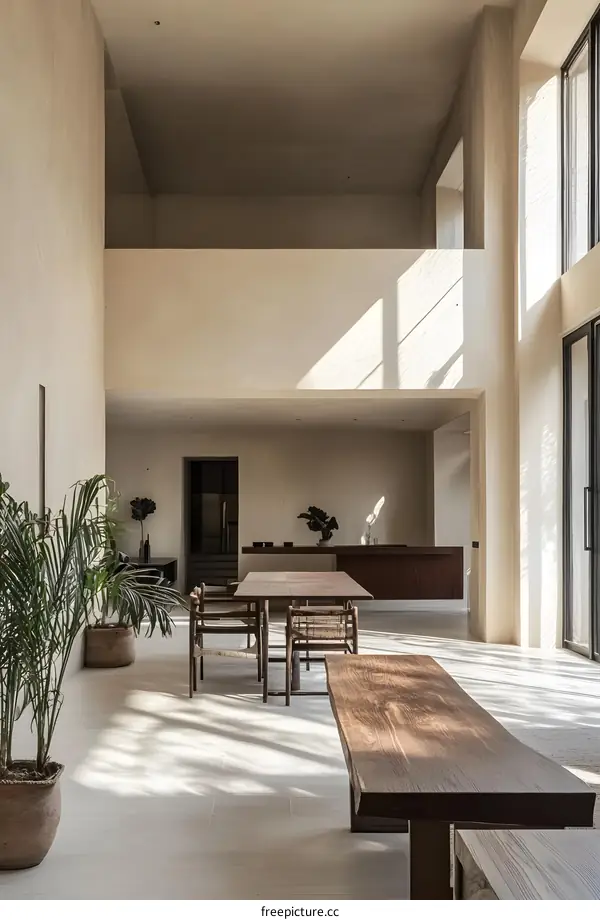Minimalist Interior Design With Wooden Table and Bench