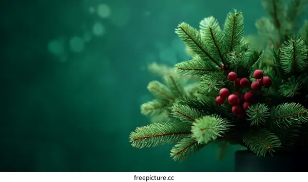 Christmas Fir Branches with Berries on Teal Background