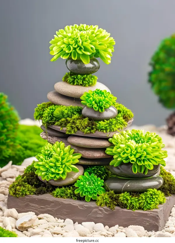 Green Moss and Stones Zen Garden Decoration
