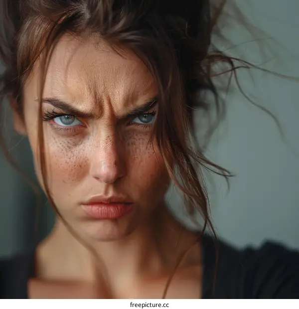 portrait of a young woman with freckles and green eyes looking at the camera with an angry expression