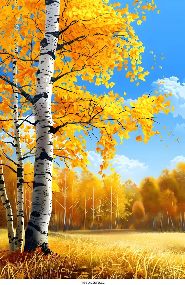 Autumn Landscape with Birch Trees and Yellow Leaves