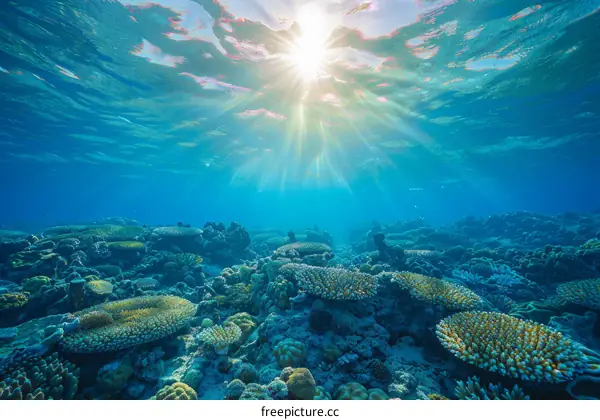 Amazing coral reef with bright sunlight shining through the water