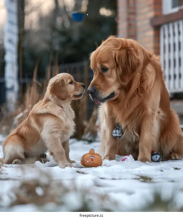 A Golden Retriever Puppy and Adult Dog Sitting in the Snow