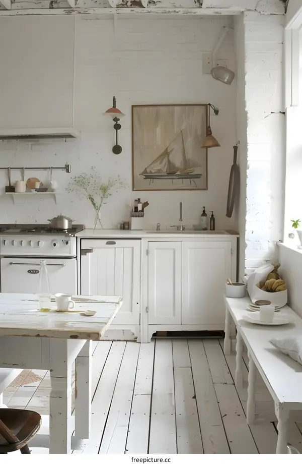 White Kitchen With Ship Picture and White Wood Floor