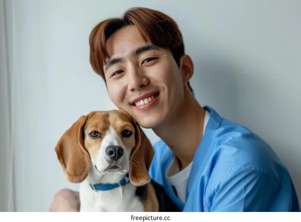Asian male veterinarian smiling with a beagle