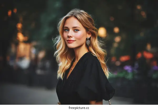 Stylish Woman in a Black Dress Outdoors