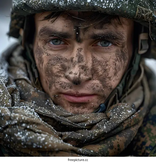 Portrait of a soldier with a dirty face