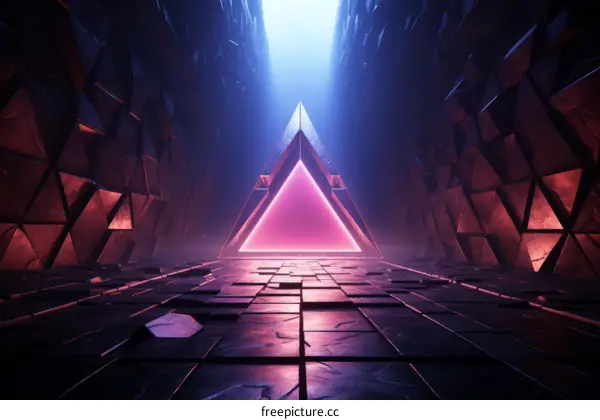 Pink Glowing Triangle in Dark Futuristic Sci-Fi Tunnel