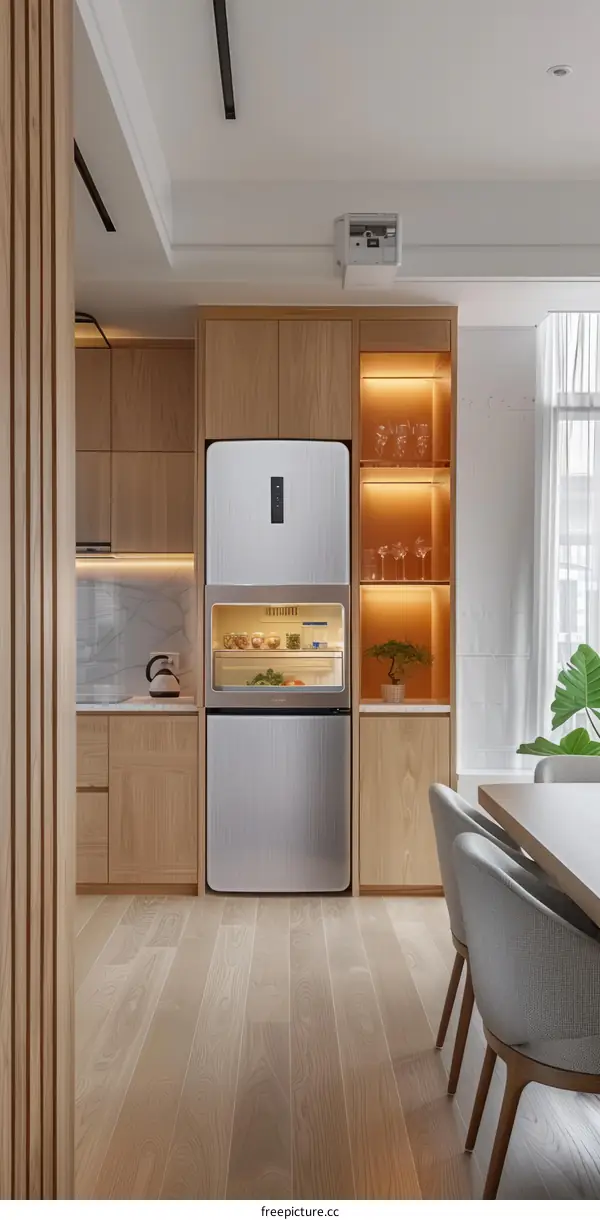 Open-Concept Kitchen With Wood Cabinets and a Glass-Door Fridge