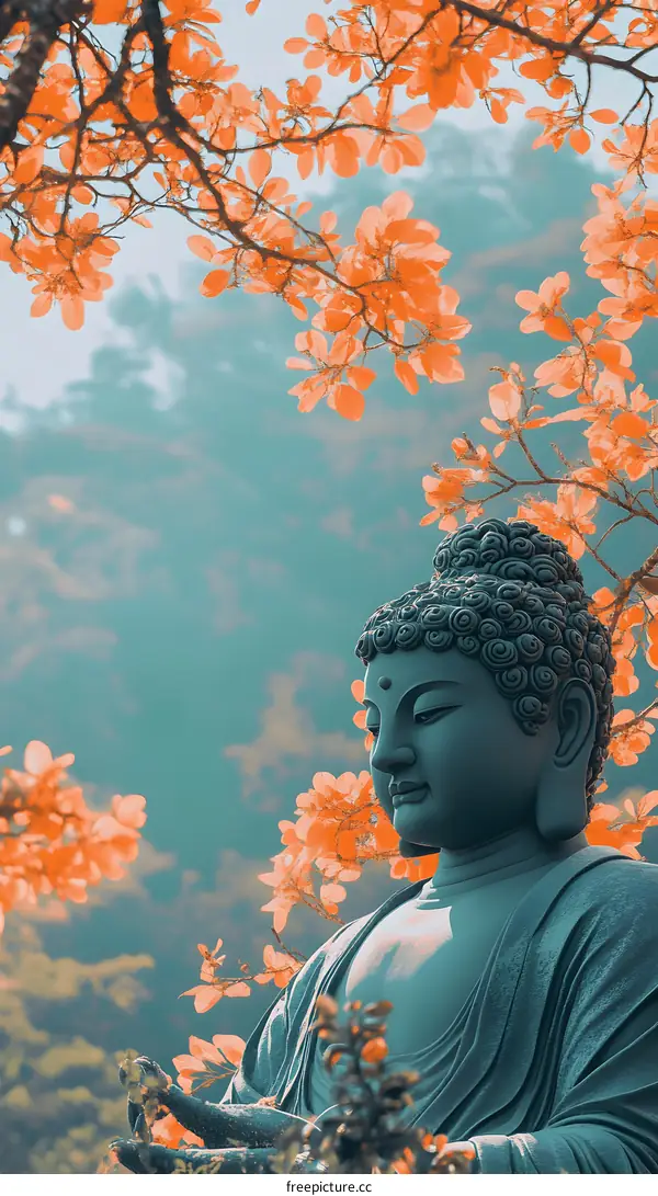 Tranquil Buddha Statue Surrounded by Flowers