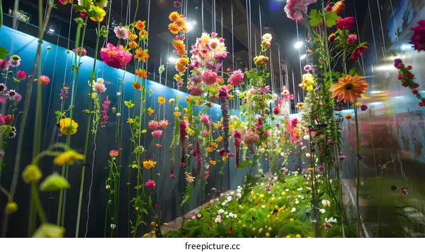 Colorful Flower Installation Hanging From Ceiling