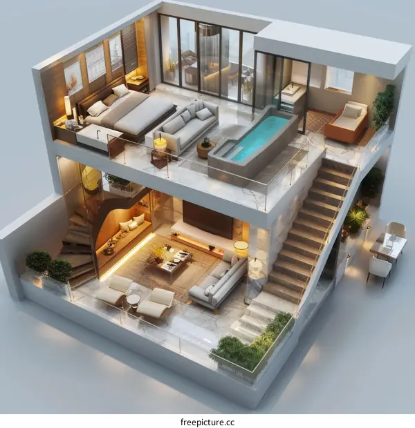 Modern Multi-Level Home Floor Plan Illustration